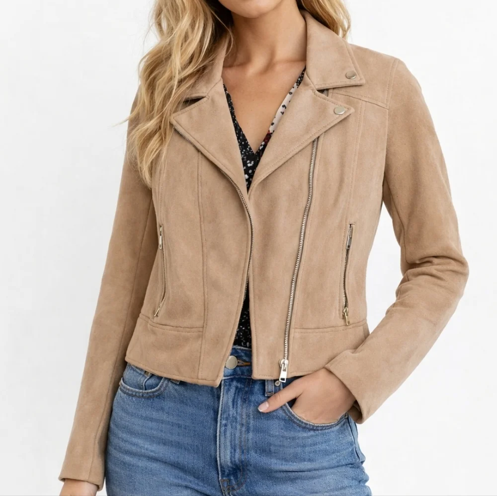 NEW Tommy Hilfiger Leather Suede Beige Biker Jacket Size XS Neutral Moto Luxury - Picture 1 of 9